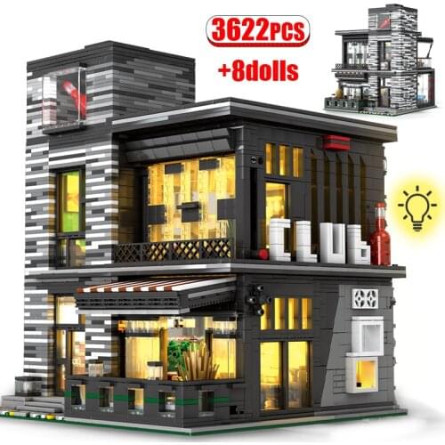 3622pcs LED Street View Coffee Shop Club Bar Model Building Blocks Technical Modern Toys Bricks Figures For Children Gift