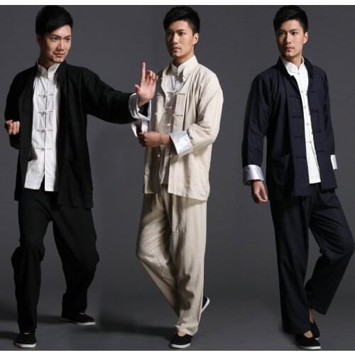 Man Kungfu Costume Chinese Traditional Tang Suit Male Long Sleeve Taichi Uniform Solid Oriental Hanfu Outfit News Year Clothes