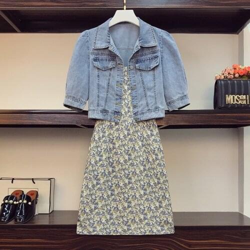 Large size denim jacket + sling chiffon dress suit fashion two-piece set suisummer costumes for women