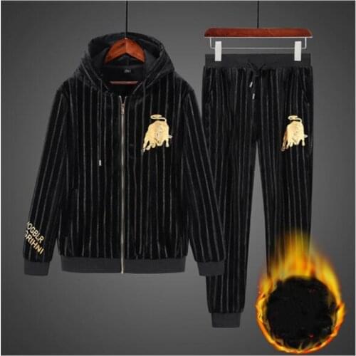 Fashion gold velvet sports suit man Plush thick hooded winter mens warmth men sets mens joggers set
