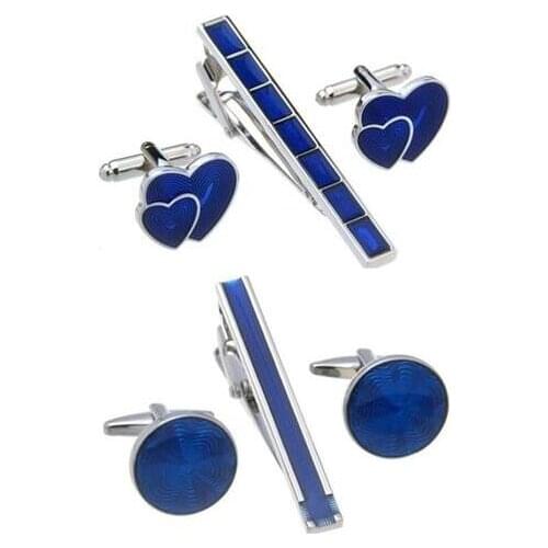 5sets/lot Copper Blue Enamel Cufflinks Tie Clip Set Round&Double Hearts Design Cuff Links&Tie Pin Bar Set Mens Jewelry