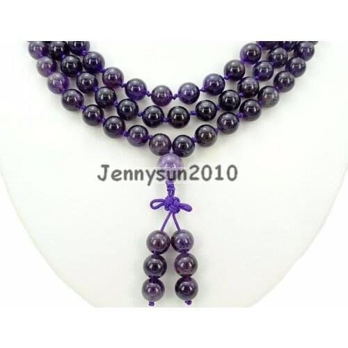 Natural Ame-thyst 10mm Gems Stone Buddhist 108 Beads Prayer Mala Knot Necklace Multi-Purpose 5Strands/Pack