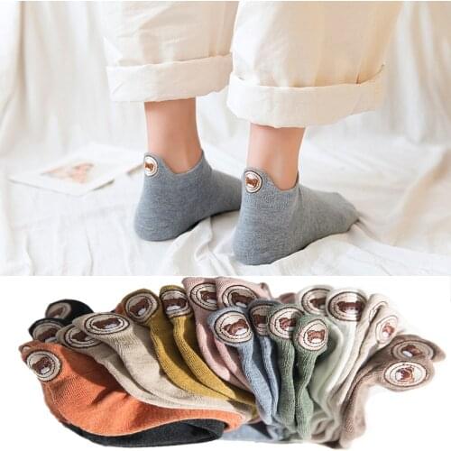 4 Pairs Lot Spring New Harajuku Women Cotton Ankle Socks Cartoon Bear Embroidery Socks Cute Kawaii Candy Color Set Socks Women