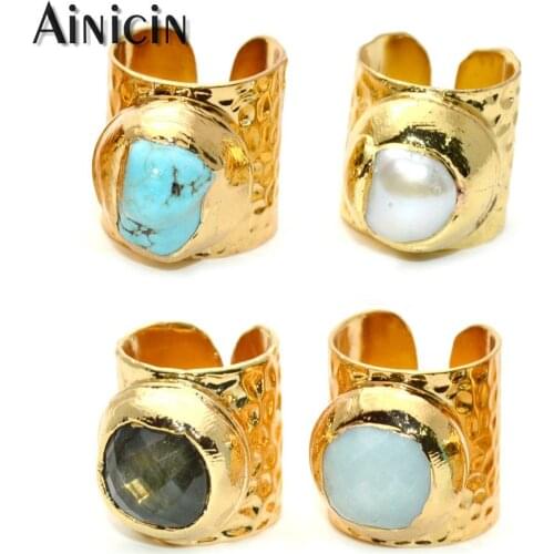 Natural Smei-precious Stone Freshwater Pearl Gold Plating Open Wide Ring For Fashion Men and Women Gift Jewelry 4pcs/lot