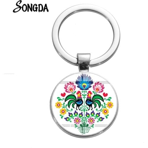 Polish Folk Art Patterns Keychain Beautiful Flower Print Glass Cabochon Key Chain Silver Plated Handmade Bag Car Llaveros