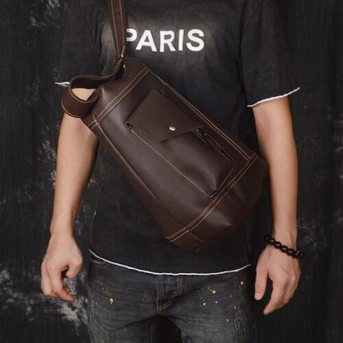 Genuine Leather Crazy Horse Cowhide Crossbody Chest Bags Men Single Back Day Pack Rucksack Vintage Cool Shoulder Messenger Bag