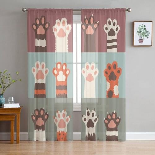 Tulle Curtains for Living Room Cat Paw Pattern Cute Bedroom Study Window Sheer Curtains Kitchen Balcony Interior Voile Curtains
