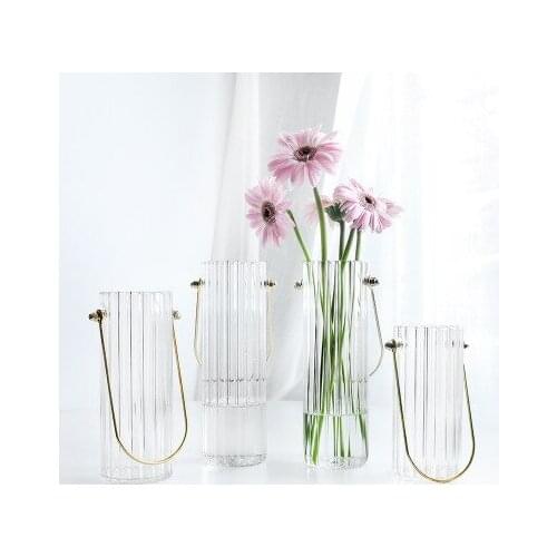 Nordic Vase Ins Simple Metallic Striped Transparent Glass Vase Flower Vases Arrangement Fresh Flower Vases Home Decoration
