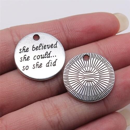 WYSIWYG 10pcs She Believed She Could So She Did Charms Pendant Diy Jewelry Findings Antique Silver Color 22x22mm