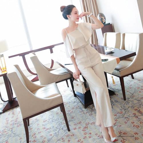 Women Fashion New Two Piece Set Outfits Womens Slash Neck Short Sleeve Blouses Tops and High Waist Wide Leg Long Pants Suit Q99