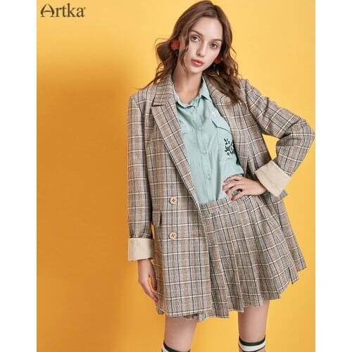 ARTKA 2020 Spring New Women Suits Vintage Double Breasted Plaid Blazer Set Woolen Blazers Suit With Skirts Women WA10198Q