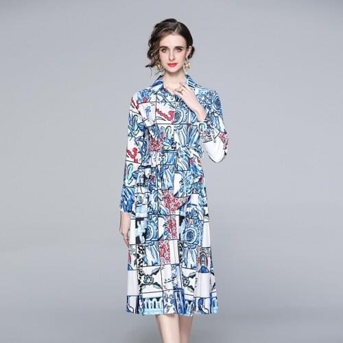 Spring Fashion Designer Women Casual Bow Sashes Shirt Dress Female Long Sleeve Multicolor Floral Print Runway Dress K6809