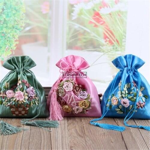 100pcs Vintage Chinese Style Silk Flower Pattern Jewelry Storage Bag Handmade Sachet Jade Tassel Drawstring Gift Storage Bag