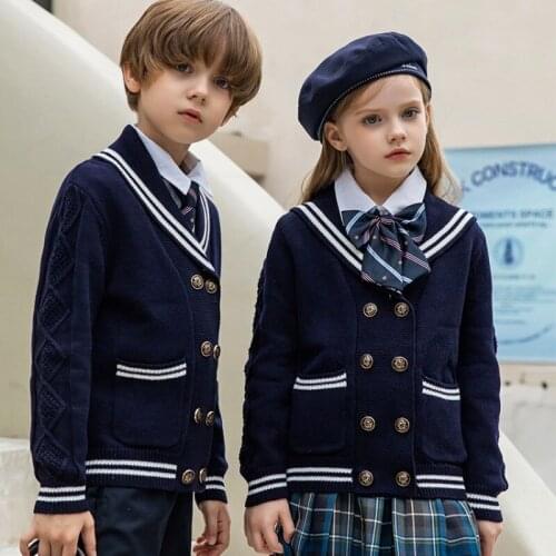 Boutique School Uniform Wholesale Sweater Coat Plaid Dress Shirts Bow 3pcs Clothing Sets Baby Girls Formal Kids Clothes Outfits