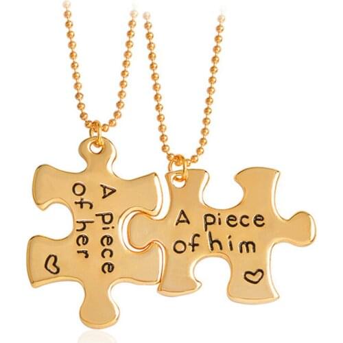 A Piece Of Her/A Piece Of Him Jigsaw Trendy Puzzle Matching Couple Necklace Set Best Friends BFF Friendship Loves Jewelry