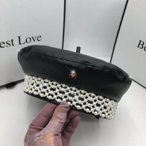 Europe and the United States PU black beret for women with peals hat vintage French elegant British homburg girl