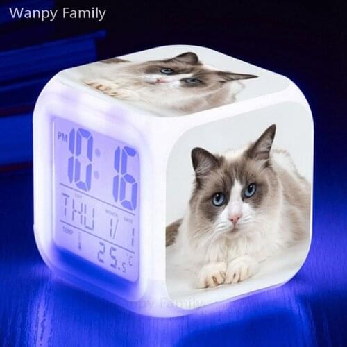 Cute Pet cat Alarm Clock 7 Color Glowing Digital Alarm Clock LED Big Screen Display Time Date Multifunction Electronic Clock