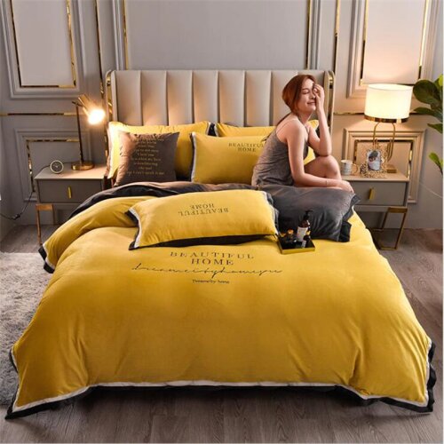 Queen Size Flannel Bedding Set Crystal Velvet Coral Fleece Winter Duvet Cover Warm Flat Bedsheet Double Sided Velvet Pillowcase
