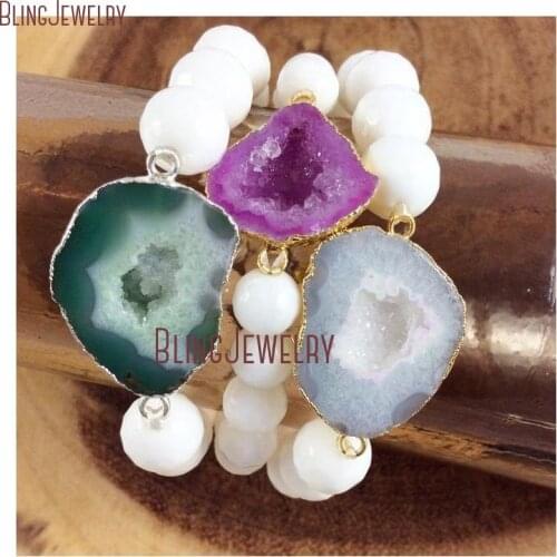 Fushia Agates Geode Druzy Bracelet Faceted White Beads Bracelet BM19102
