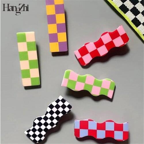 HANGZHI 2021 Y2K Colorful Checkerboard Plaid Wave Square Resin Acrylic Hair Clips Barrette Hairpin for Women Jewelry Accessory