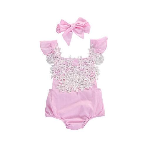 Newborn Infant Baby Girls Pink Lace Floral Romper Backless Jumpsuit Outfits Set +headband Sunsuit 0-18M