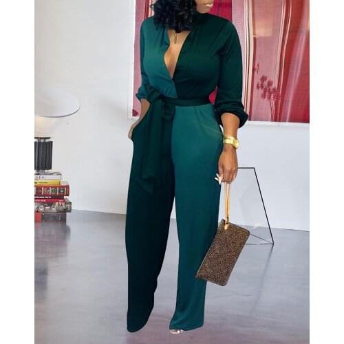 Colorblock Insert Buttoned Lantern Sleeve Jumpsuit Women Long Sleeves Deep V Neck Winter Autumn Patchwork Outfits Plus Size