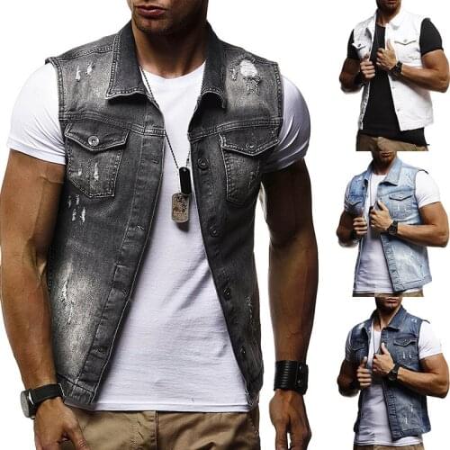 2019 Summer Large Size Mens Cowboy Vest Large Loose M-XXXL Denim Casual Vest Color White, Light Blue, Dark Blue Gray