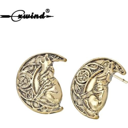 Cxwind Fashion Retro Charm Crescent Moon Earring Viking Jewelry Animal Howling Wolf Stud Earrings for Women Men Friend Gift