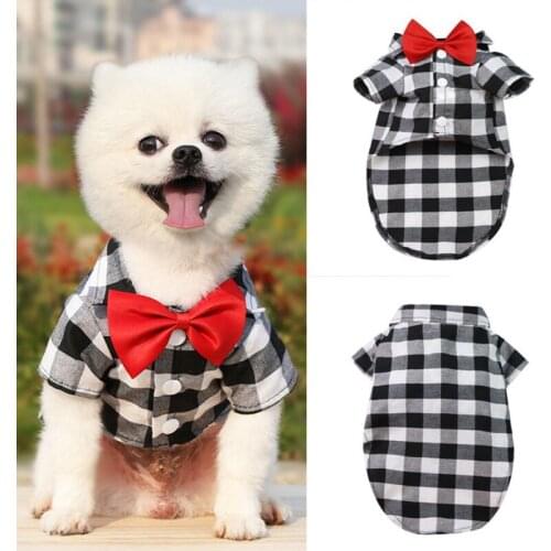 Fashion Pet Shirts Gentleman Dog Plaid Shirt with Bowtie Spring Summer Pet T-Shirt Clothes For Small Medium Dogs Pets Apparel