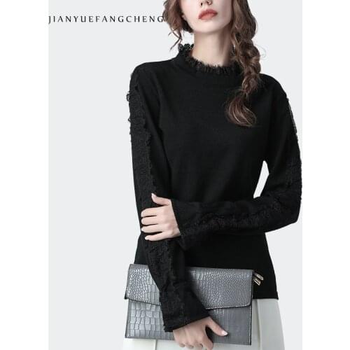 Fashion Lace Neck Women Black Sweater Knitted Plus Size Warm Autumn Winter Top Casual Outwear Pullovers Sweaters 2019 New