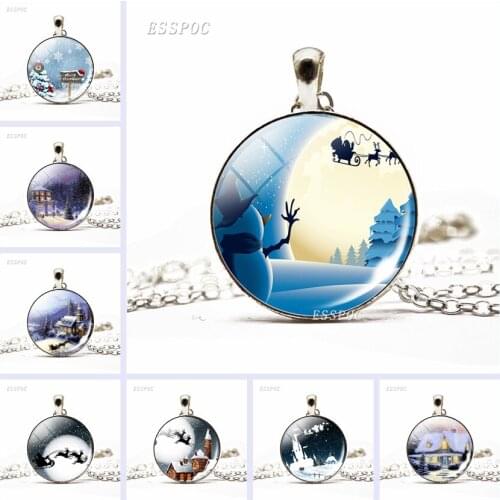 Christmas Snow House Necklace FairyTale World SantaClaus Elk Decorative Pendant GlassCabochon Jewelry Necklace Child Gift