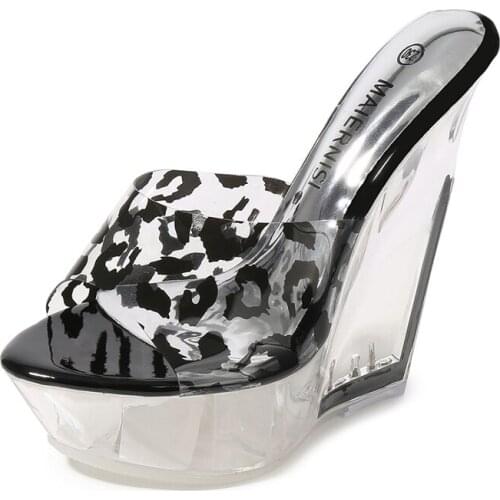 Sexy Summer Fashion High Heels 12CM Sandals Slippers Mules Leopard Pattern Transparent Crystal Platform Wedges Shoes Beach Shoes
