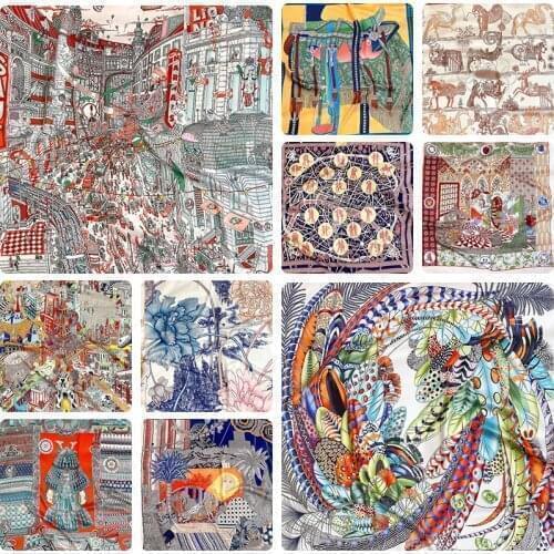 Paris street Silk Scarf Hand Rolled Edges Satin Scarf 90x90 Designer Square Silk Scarfs Foulard Satin Femme