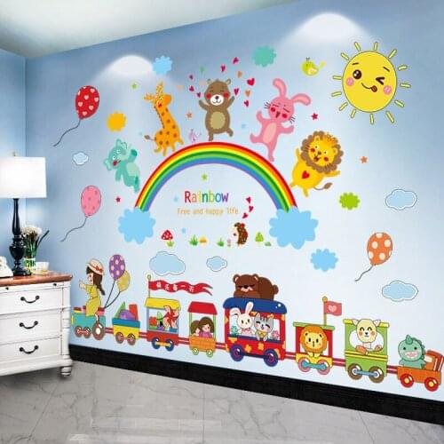 [SHIJUEHEZI] Animals Rainbow Wall Stickers DIY Cartoon Children Train Wall Decals for Kids Rooms Baby Bedroom House Decoration
