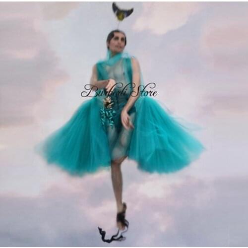 2021 Chic Tulle Side Puffy Women Dresses See Thru Ruffles Tiered Knee Length Birthday Party Dresses Trendy Female Prom Gowns