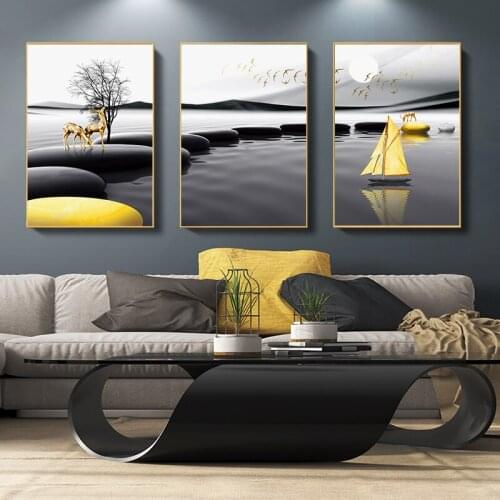 Modern Landscape Poster Black Yellow Stone Boat Deer Wall Art Canvas Painting Nordic Print Wall Pictures Living room Decoration