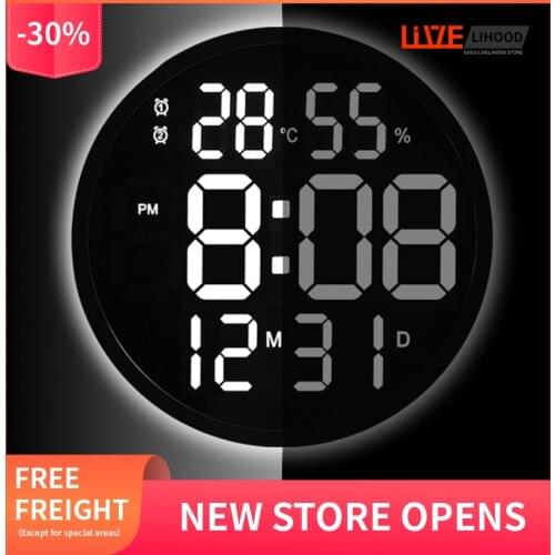 LED Wall Clock Round Clock Mute Digital Temperature and Humidity Electronic Clock 12 Inch Living Room Wall Clock Decoration