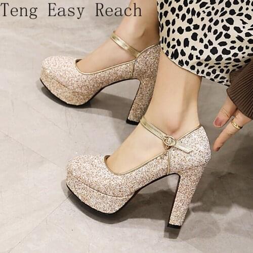 Gold Heels Women Pumps Shoes Luxury Sequined Ankle Straps High Heels Shoes Platform OL Working Party Wedding Shoes Woman New