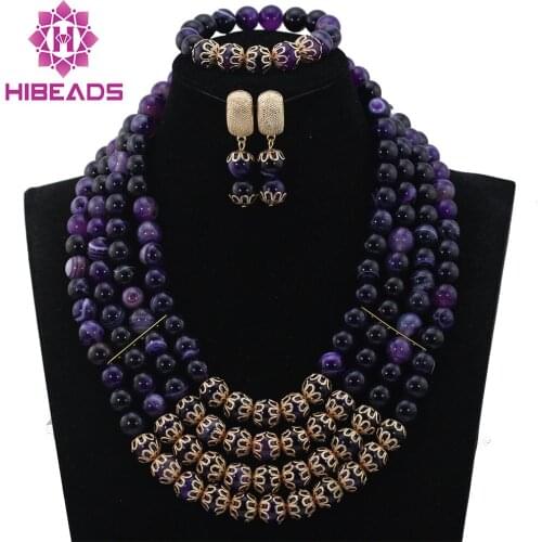 Splendid Grape Purple Stone Beaded African Fashion Jewelry Set New Nigerian Wedding Jewellery Set Free Ship WD003