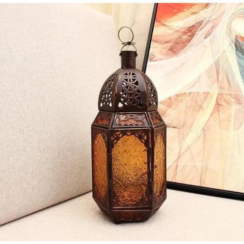 Vintage Middle East Morocco Windproof Candle Holders Hanging Candle Lantern Iron Glass Votive Candlestick Decor Party Home