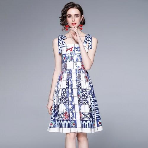 Runway Designer Stylish Floral Printed Bow Spaghetti Strap Summer Mini Dress for Women Beach Causal Plus Size Robe k6175