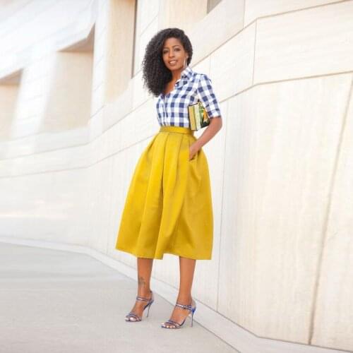 Gold Color Thick Satin Skirt With Pockets Custom Made Zipper Satin Waistline A Line Tee Length Midi Skirt Fashion Adults Skirts