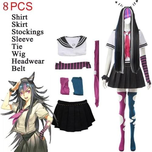 Women 8PCS Ibuki Mioda Cosplay Custome Dangan Ronpa 2 Cosplay Goodbye Despair Shirt Dress Wig School Girl JK Uniform Halloween