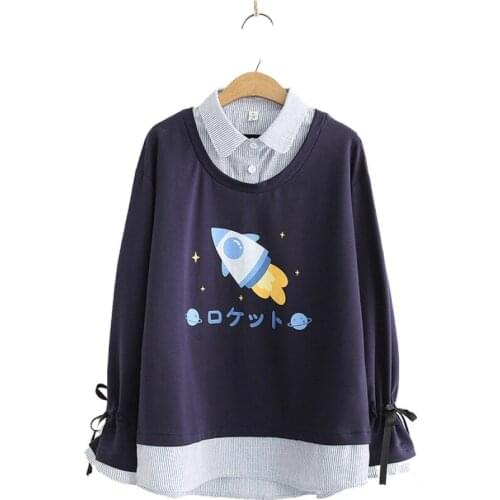 Women Sweatshirts Cartoon Print Cooton Hoodies 2020 Autumn Long Sleeve Preppy Style Ladies Patchwork Fake Two Piece Clothes