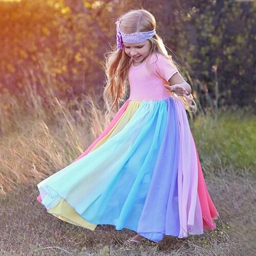 2020 New Baby Girl Cotton Fashion Rainbow Short Sleeve Color Block Colorful Party Dresses for Kids Princess Kids Dress 1-7years
