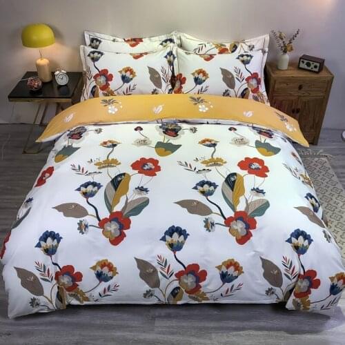 White Flower Plant Print Cotton Duvet Cover Bed Linen Fitted Sheet Pillowcases Bedclothes King Queen Size 4PCS