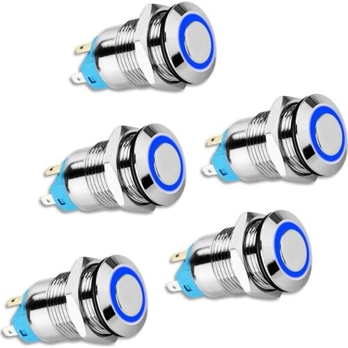 5PCS 12mm Latching Push Button Switch High Round Cap, Waterproof Metal Push Button Switch with 12V/24V Blue Light