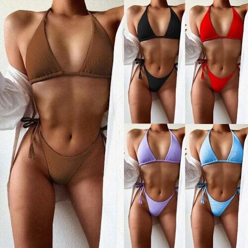 Bikini 2021 Swimsuit Solid Color Bikini Set Lace Up Swimwear Sexy Biquini Bathing Suit Women Bikinis String Beach