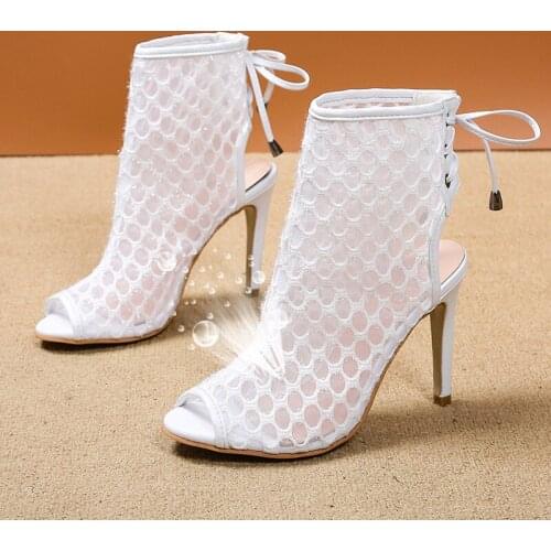 New Women Fetish Stripper Sandals Fishnet Ankle Boots Stiletto 10cm High Heels Mesh Rome Gladiator Peep Toe Summer Sexy Shoes