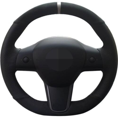 Car Steering Wheel Cover Hand-stitched Soft Black Genuine Leather Suede For Tesla Model 3 2015-2020 Model Y 2019 2020